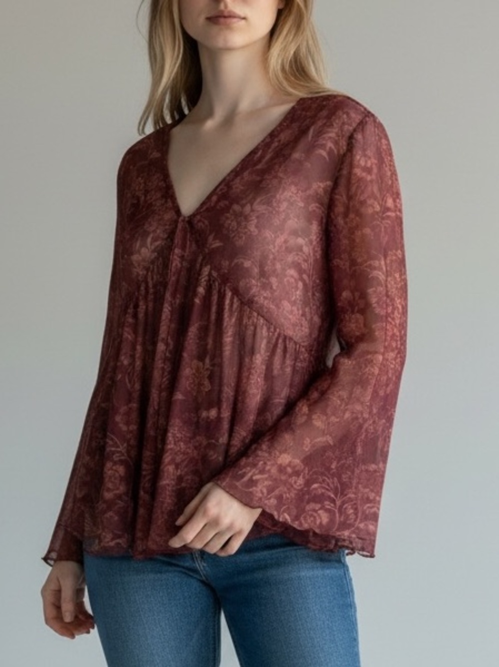 Babydoll Top Floral Mesh Bell Sleeve 1XL Cottagecore Fairycore Boho NWT SHEIN X